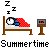 A 4-frame animated contact sheet showing a pixel art character sleeping in bed with an alarm clock, alternating between