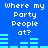 Blue background with white pixelated text reading "Where my Party People at?" and animated cyan horizontal bars changing position