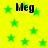 Bright yellow background with scattered green stars and four instances of the text 'Meg' in bold black font.