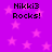 Purple background with pink stars and repeated "Nikki3 Rocks!" text in black pixelated font.