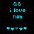Two identical pixelated cyan text on black background with heart symbols below, each displaying "&& i love him" in blocky font