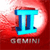 Static pixelated icon featuring a blue Gemini zodiac symbol over red gradient background with partially visible text below.