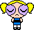 Pixel art character with yellow pigtails, purple eyes, blue top, white pants; static pose on gray background.
