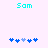 Pixelated cyan text 'Sam' above two of blue and light-blue puzzle-piece icons on a pale pink background