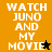 Four display 'WATCH JUNO AND MY MOVIE' text with star symbols; top-left has orange background, bottom-left black background, and both right brown backgrounds