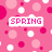 Pink background with white and pink circles, featuring text boxes reading "SPRING," "BREAK," and "2003" in pixelated font.