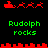 Pixel art animation of red sleigh and reindeer icons with green text 'Rudolph rocks' on black background, showing two distinct animation states.