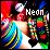 Pixelated image of a figure with multicolored hair and clothing, standing against dark background with 'Neon' text in white block letters.
