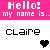 Pixelated graphic with pink header text "Hello! my name is.." and black "claire" below, featuring a heart symbol that changes color across frames.