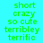 Green pixelated text on cyan and purple backgrounds with a pink section, displaying phrases like 'short crazy so cute terribly terrific' in four quadrants.