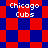 Four identical pixelated display 'Chicago Cubs' text over red and blue checkered backgrounds with varying diamond patterns