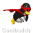Animated contact sheet of a penguin mascot in red superhero costume with cape, mask, and yellow feet running left to right across 14 frames arranged in 4x4 grid.