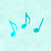 Six pixelated musical notes in cyan, teal, and purple hues arranged horizontally on a light blue background