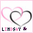 Two side-by-side pixelated heart outlines with pink and gray borders, each containing the text 'LINDSAY' in mixed black and pink letters below a small ladybug icon.