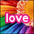 A pixelated image of a person with blonde hair against an orange and green background, featuring the word 'love' in pink text on the left side.