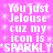 Pixelated text on a pink background with white sparkles, repeating 'You just Jelouse cuz my icon is *SPARKLY* SPARKLY' in two
