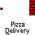 Animated sequence showing a pizza delivery character moving toward and interacting with a brick wall, delivering a pizza through an open door.