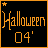 Black background with orange text reading 'Halloween 04' in a stylized font, surrounded by thin vertical white lines and small stars at top corners.