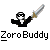 Pixel art buddy icon featuring a masked character in black suit holding sword with text "ZoroBuddy" below on gray background.