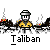 Pixelated character in yellow shirt and silver helmet stands before dark, smoky background with red embers; text "Taliban" below.