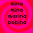 Four identical display a red and pink spiral background with black text reading mina, mina, marina, bobina in vertical alignment