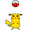 Pixelated yellow Pikachu with red cheeks and black-tipped ears stands beneath a red-and-white Poké Ball, with tail and pose variations across frames.