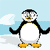 Pixelated penguin with black-and-white body, yellow beak and feet, standing on snow with blue sky background, transitioning through falling and tumbling poses.
