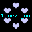 Pixelated light purple hearts float against a black background with cyan text repeating "I love you!" in two horizontal lines.