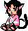 Pixel art character with black hair, pink cat ears, and a black tail wearing a pink top with white stripes.