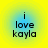 Four identical circular icons with yellow-to-blue gradient backgrounds display black text reading "i love kayla" in pixelated font.