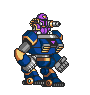 Pixelated robot avatar with purple head, blue body, and orange accents in three walking poses against gray background.