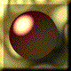 Two side-by-side pixelated spheres in a golden frame; left sphere dark brown with light glow, right sphere pink-to-yellow gradient with bright center.