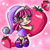 Pixelated character with purple hair and green eyes holds a large red strawberry, standing against a pink background with white sparkles.