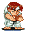 Pixel art character in white karate uniform with black belt, red hair tied by blue headband, performing martial arts poses