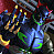 Pixelated abstract composition with scattered yellow, blue, green, and red elements against a dark background.