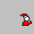 Pixel art animation of two characters: a yellow duck and a red-clad figure with Santa hat, alternating poses on gray background.