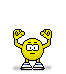 Yellow pixelated character with raised fists, white shoes, and blue accents on feet; speech bubbles display 'Yeah,' or 'Yeah, baby!' text.