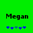 Green background with black text 'Megan' above two of blue and gray star-like symbols, showing animation changes in symbol positions