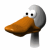 Pixelated duck head icon with orange beak and gray body in two animated frames showing eye movement and mouth closure.