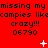 Red background with repeated black text 'missing my campies like crazy!!! 06790' and white pixelated symbols including plus signs, stars, and dots.
