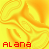 Two side-by-side animated frames show a yellow-orange abstract background with the text 'ALana' in red on left and blue on right.