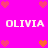 Pixelated pink background with repeated white text "OLIVIA" and heart symbols in red and orange hues.