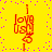 Yellow background with purple dots and four identical red text-based icons arranged in a , each displaying "I love U" with a heart symbol