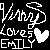 Black-and-white pixel art icon with white text and symbols on a black background, featuring stylized 'Love 5 Emily' lettering and abstract shapes including a heart.