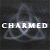 Static pixelated icon featuring bold white text "CHARMED" overlaid on a dark, blurry background with faint light effects and abstract shapes.
