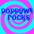 Four identical display blue text 'POPPYWOCKS' over cyan and magenta spiral backgrounds with no visible animation changes