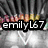 Pixelated image with 'emilyL67' text overlay, cityscape background, and two white heart shapes on a gray surface.
