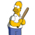Pixelated yellow-skinned character with brown hair and mustache holds a wooden baseball bat, wearing white shirt and blue pants.