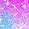 A shimmering gradient background transitions from pink to blue with scattered white sparkles and diamond-shaped light patterns.