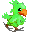 A 4-frame pixel art animation of a green cartoon parrot with an orange beak and brown feet, displayed in a contact sheet layout against a gray background.